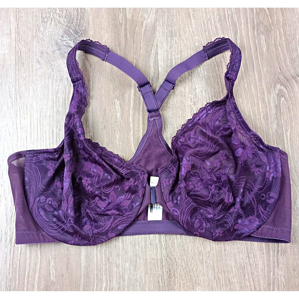 Womens Purple Lace Underwired Racerback Bra Full Coverage Front Clasp 42C
